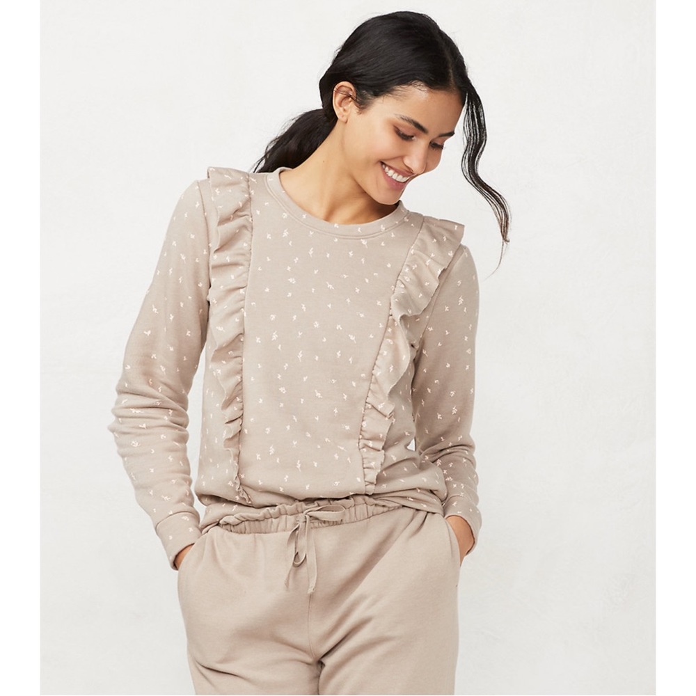 NWT LC Lauren Conrad Front Ruffle Sweatshirt Tan Size M